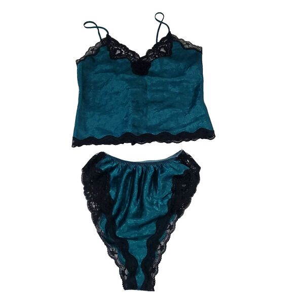 Y2K Satin Floral Lace Nighty Slip Set S Green Courtenay 3pc Highrise witchy goth - Picture 2 of 16